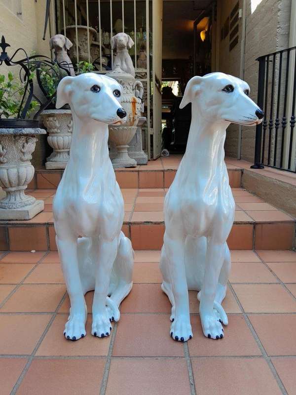 A 20TH Century Circa 1950s Pair of Large Signed White Ceramic Greyhounds Signed with Initials o...