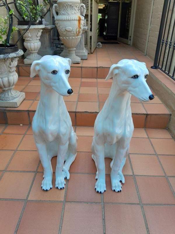 A 20TH Century Circa 1950s Pair of Large Signed White Ceramic Greyhounds Signed with Initials o...