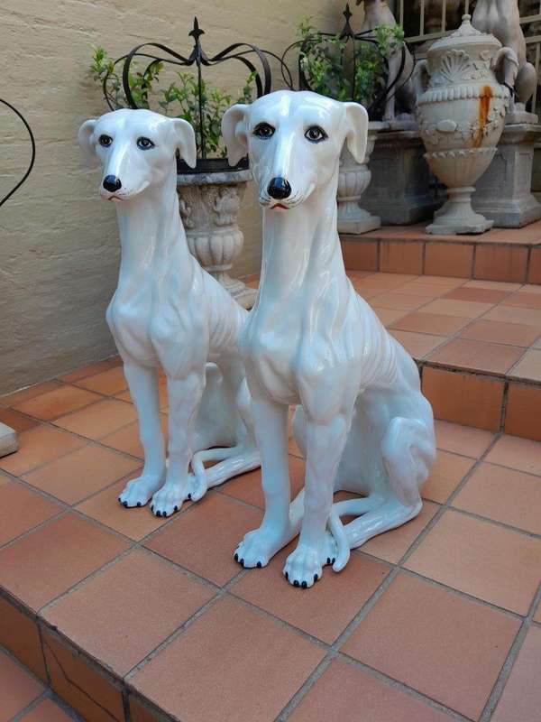 A 20TH Century Circa 1950s Pair of Large Signed White Ceramic Greyhounds Signed with Initials o...
