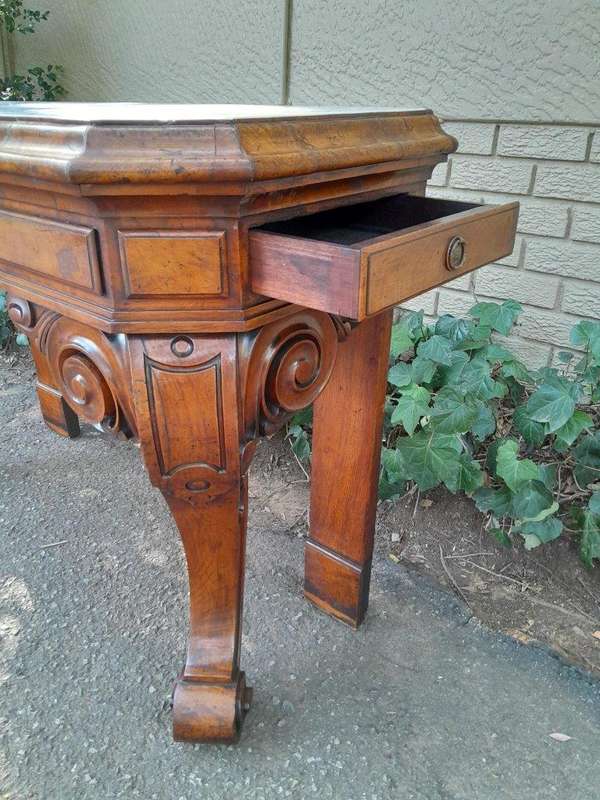A Victorian Circa 1850s Carved Rosewood Console/Drinks Table with Cream Marble Top