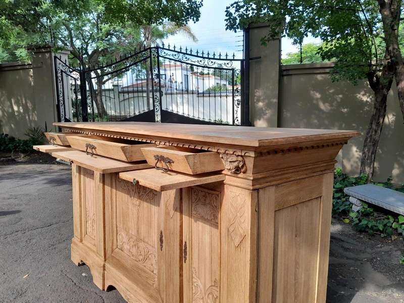 An Antique Circa 1900 Large Carved  Sideboard / Server / TV Stand with Drawers and Pull-Out Shel...