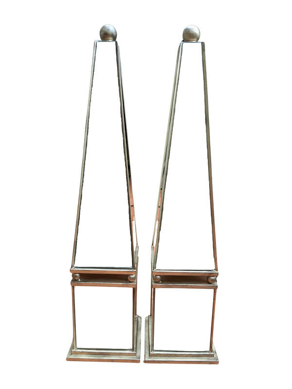 A Pair of Designer Decorative Mirror and Antique Gold Ball Obelisks For Table or Floor and Custom...