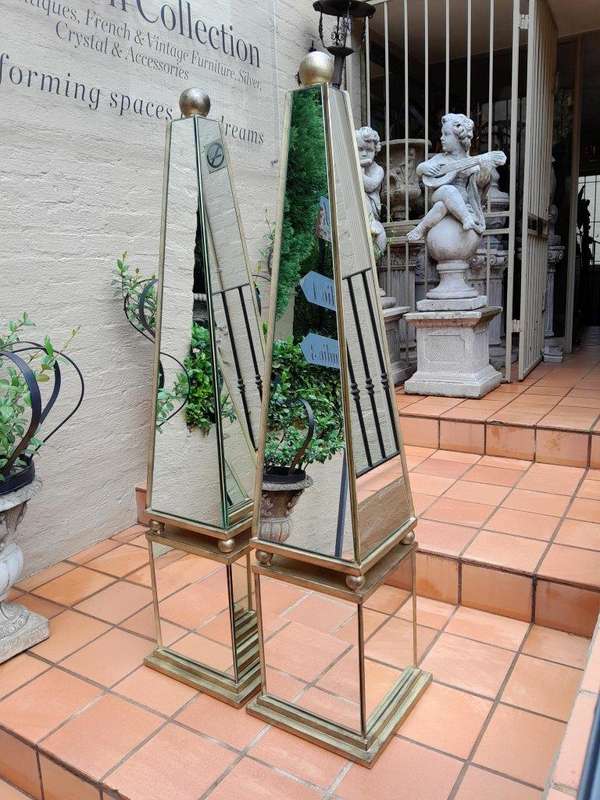 A Pair of Designer Decorative Mirror and Antique Gold Ball Obelisks For Table or Floor and Custom...