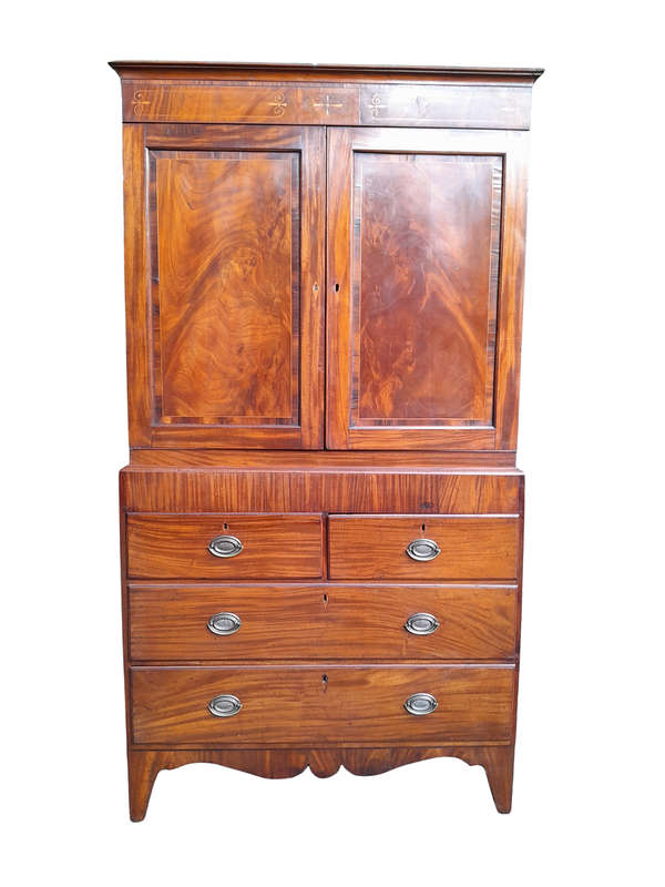An Early 20th Century Circa 1920 Georgian Styled Flamme Mahogany Inlaid  Linen Press with Shelves