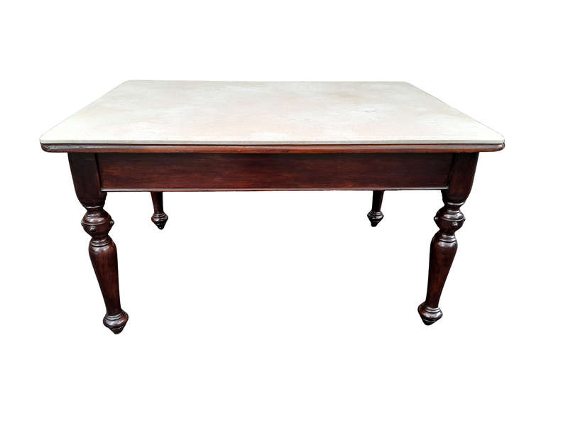 A 20th Century English Mahogany French Polished Table / Drinks Table With A Cream Marble Top