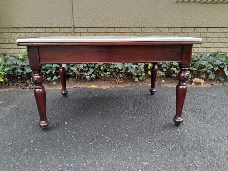 A 20th Century English Mahogany French Polished Table / Drinks Table With A Cream Marble Top