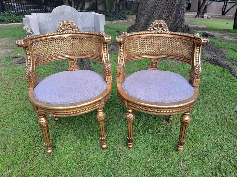 A Pair of French Louis XVI Style Carved and Rattan Chairs