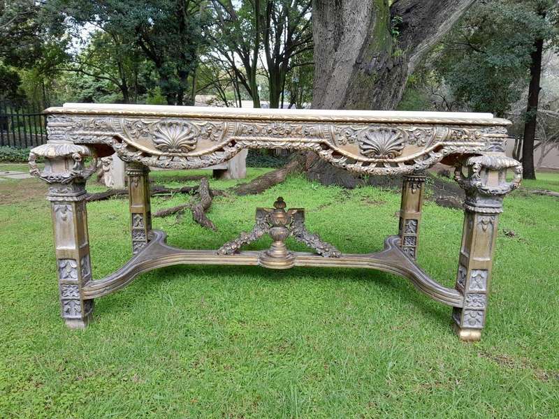A 20th Century French Style Ornately Carved and Gilded Entrance / Console / Drinks Table with Cre...