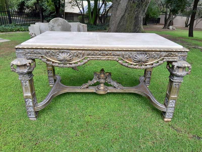 A 20th Century French Style Ornately Carved and Gilded Entrance / Console / Drinks Table with Cre...