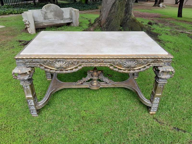 A 20th Century French Style Ornately Carved and Gilded Entrance / Console / Drinks Table with Cre...