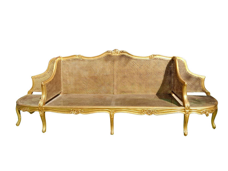 A 20th Century French Style Carved and Gilded Conversation Settee in Rattan