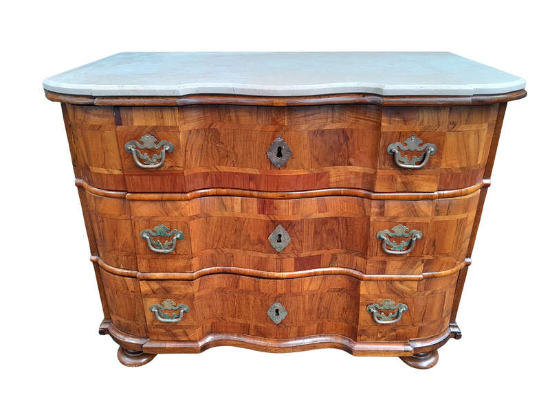 An Antique 19th Century Walnut Bombe Chest of Drawers With Brass Hardware