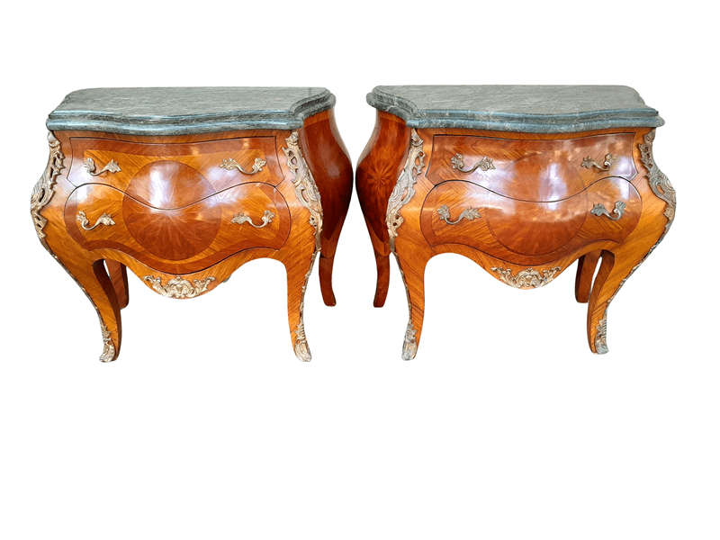 An  Antique 19th Century Pair of French Walnut Bombe Chest of Drawers with Marble tops