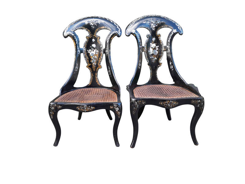 An Exceptionally Rare Pair of Antique Victorian Circa 1850s Mother Of Pearl Statement Chairs wi...