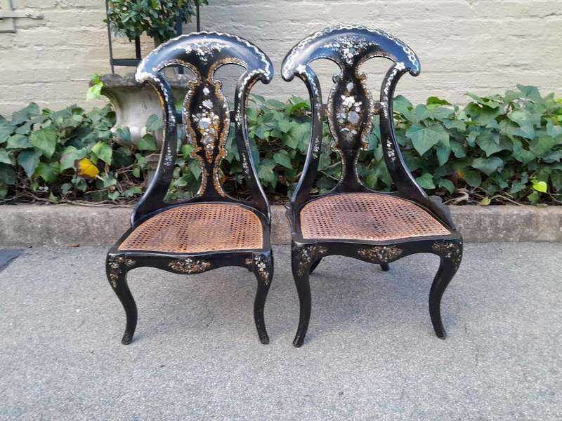 An Exceptionally Rare Pair of Antique Victorian Circa 1850s Mother Of Pearl Statement Chairs wi...