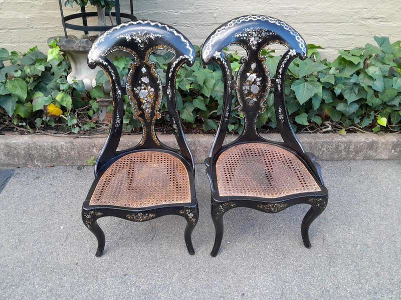 An Exceptionally Rare Pair of Antique Victorian Circa 1850s Mother Of Pearl Statement Chairs wi...