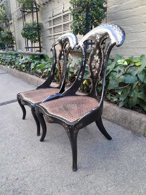 An Exceptionally Rare Pair of Antique Victorian Circa 1850s Mother Of Pearl Statement Chairs wi...