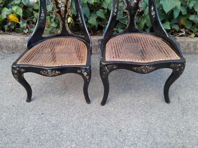 An Exceptionally Rare Pair of Antique Victorian Circa 1850s Mother Of Pearl Statement Chairs wi...