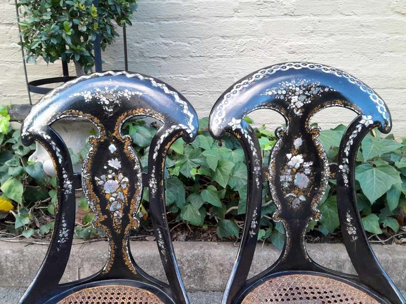 An Exceptionally Rare Pair of Antique Victorian Circa 1850s Mother Of Pearl Statement Chairs wi...