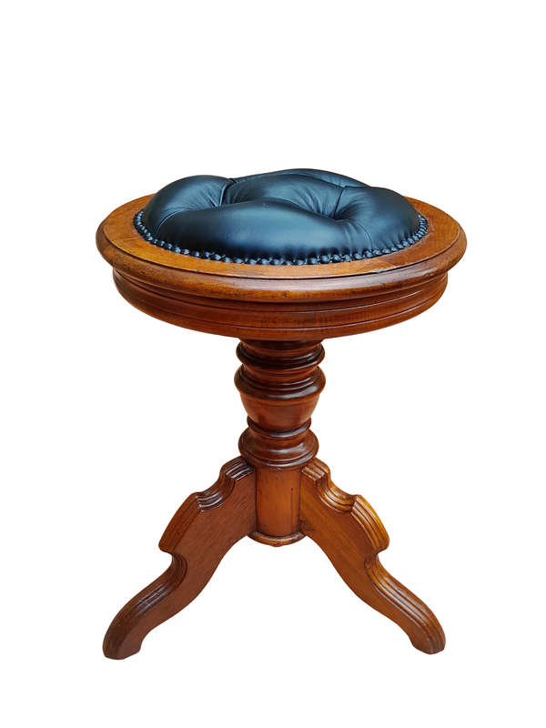 An Antique Victorian Mahogany Piano Stool Upholstered in Black Leather