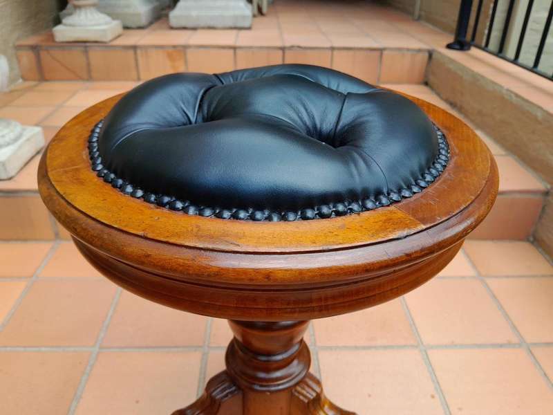 An Antique Victorian Mahogany Piano Stool Upholstered in Black Leather