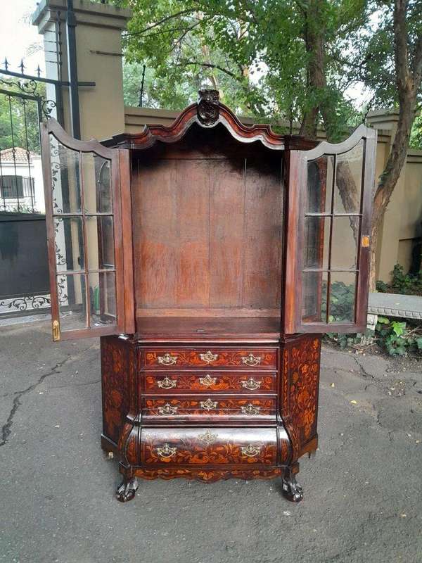 An Antique 19th Century Dutch Marquetry Display Cabinet / Vitrine