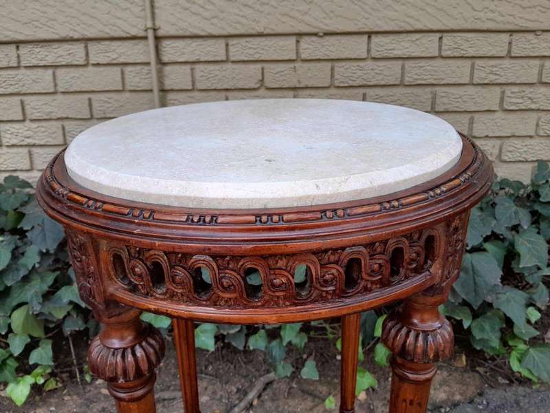 A 20th Century Pair of French Louis XVI Style Walnut and Marble Topped Side Table