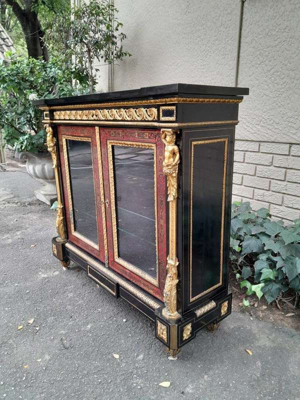 An Antique 19th Century French Boulle, Ebonised with Ormolu Cabinet with Lock and Key
