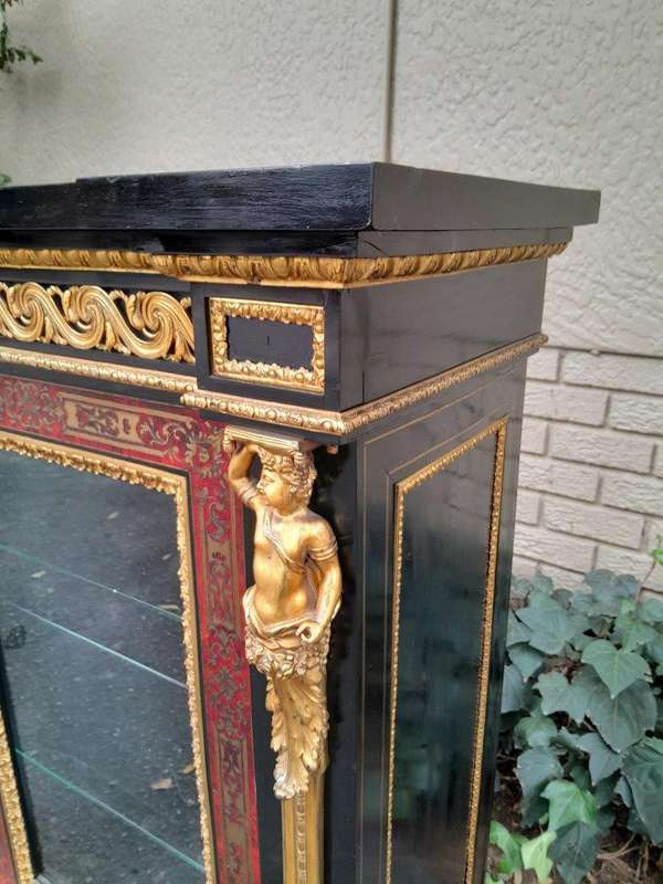 An Antique 19th Century French Boulle, Ebonised with Ormolu Cabinet with Lock and Key