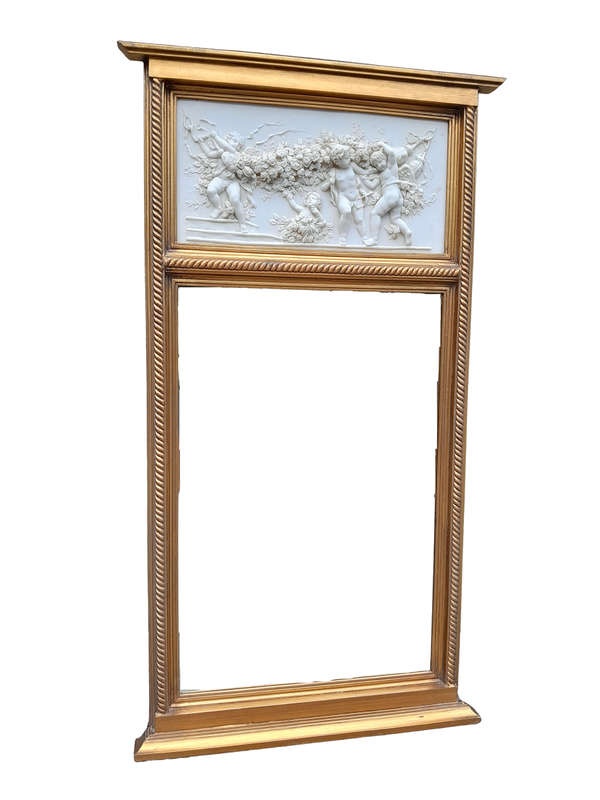 A 20th French Louis XVI  Style Gilt Painted Trumeau Bevelled Mirror with Frieze Panel