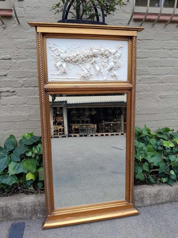 A 20th French Louis XVI  Style Gilt Painted Trumeau Bevelled Mirror with Frieze Panel