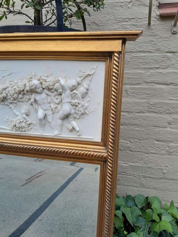 A 20th French Louis XVI  Style Gilt Painted Trumeau Bevelled Mirror with Frieze Panel