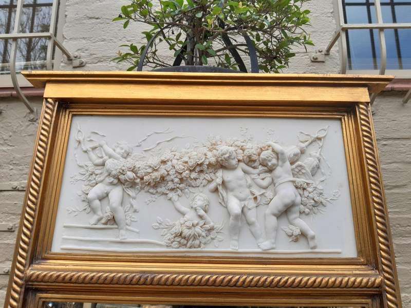 A 20th French Louis XVI  Style Gilt Painted Trumeau Bevelled Mirror with Frieze Panel