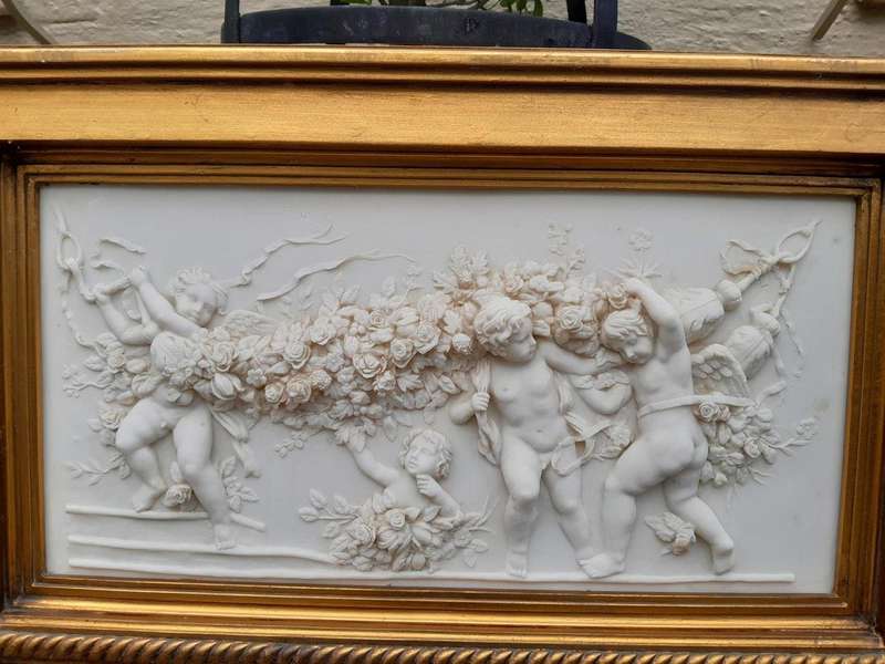 A 20th French Louis XVI  Style Gilt Painted Trumeau Bevelled Mirror with Frieze Panel