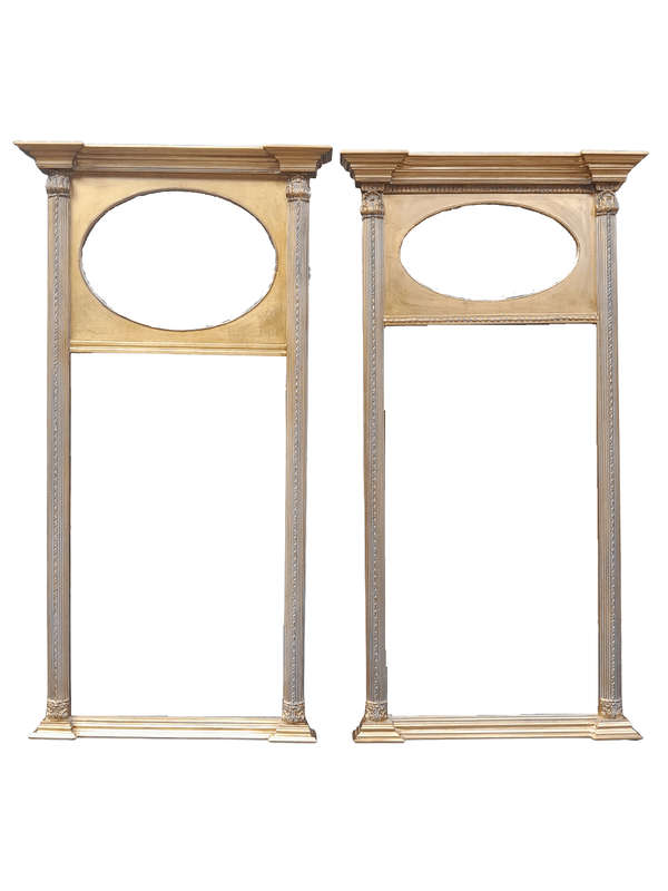 A 20th Century Rare Pair of French Louis XVI Style Gilt Painted Trumeau Bevelled Mirrors
