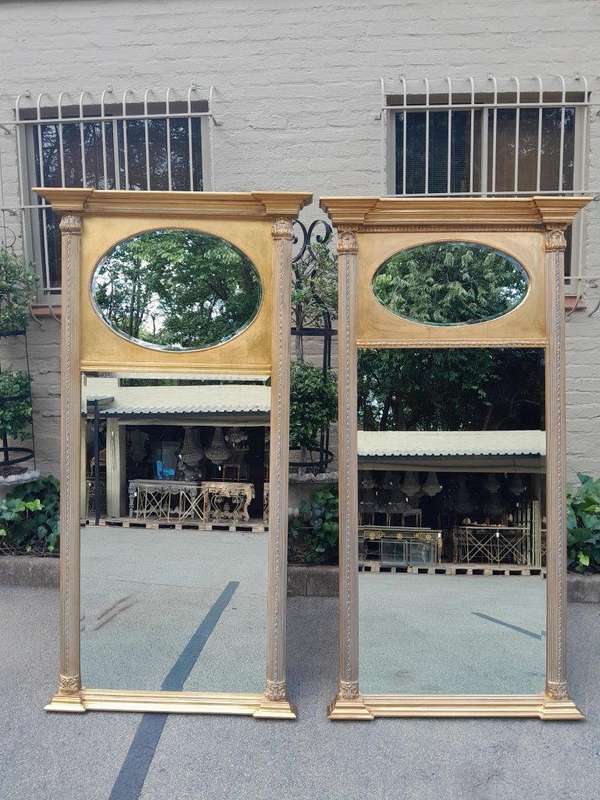 A 20th Century Rare Pair of French Louis XVI Style Gilt Painted Trumeau Bevelled Mirrors