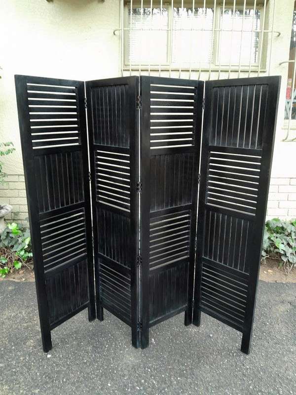 A 20th Century 4-Panel Contemporary Darkened Wooden  /  Black Floor Screen  /  Room Divider