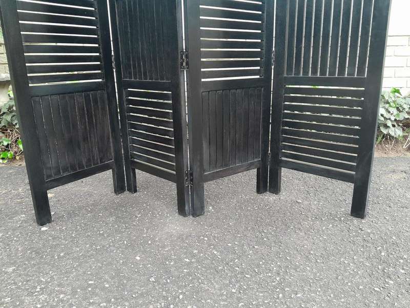 A 20th Century 4-Panel Contemporary Darkened Wooden  /  Black Floor Screen  /  Room Divider