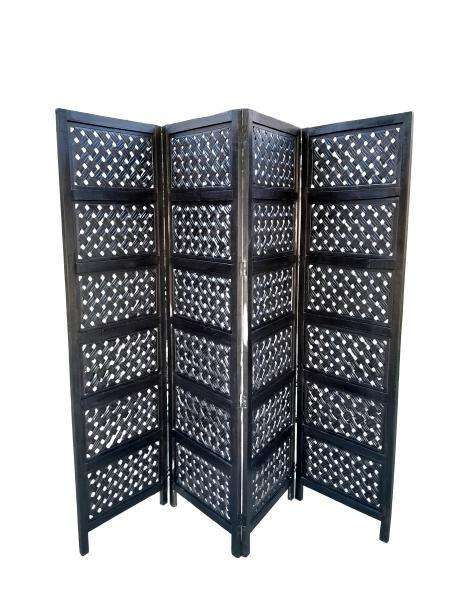 A 20th Century 4-Panel In A Contemporary Darkened Wooden  /  Black Floor Screen  /  Room Divider