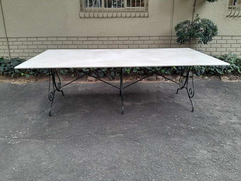 A French Style Custom-Made Wrought Iron Dining Table With Cream Marble Top