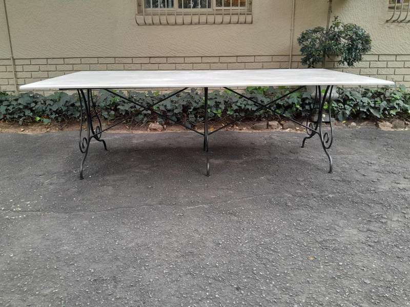 A French Style Custom-Made Wrought Iron Dining Table With Cream Marble Top