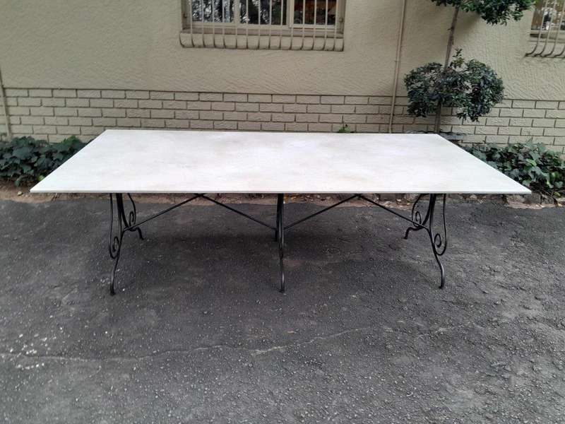A French Style Custom-Made Wrought Iron Dining Table With Cream Marble Top