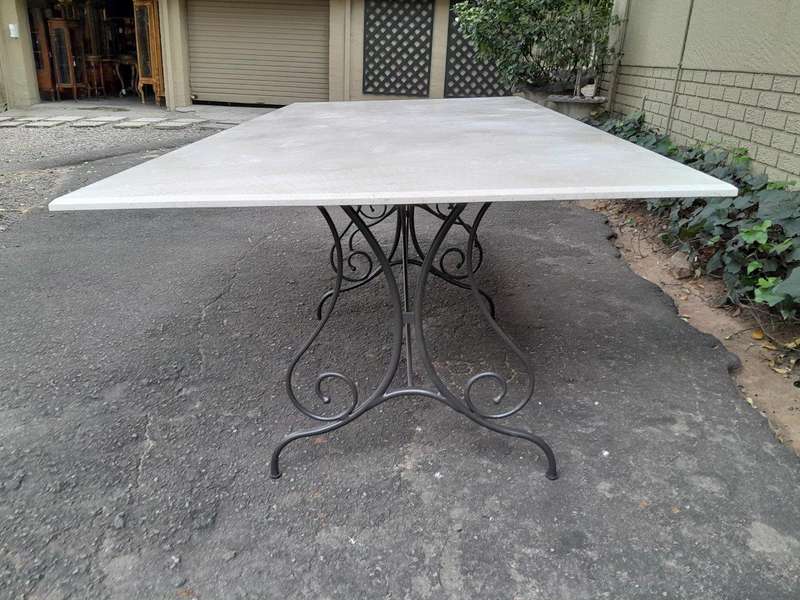 A French Style Custom-Made Wrought Iron Dining Table With Cream Marble Top