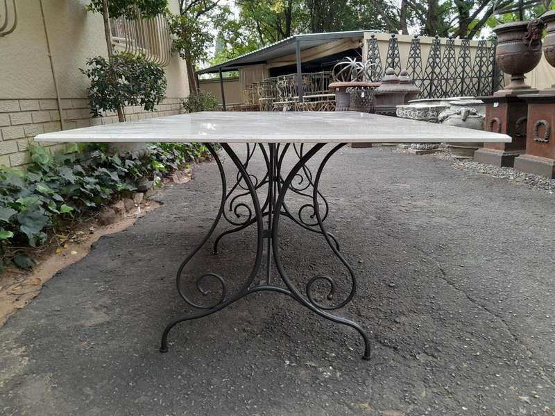 A French Style Custom-Made Wrought Iron Dining Table With Cream Marble Top