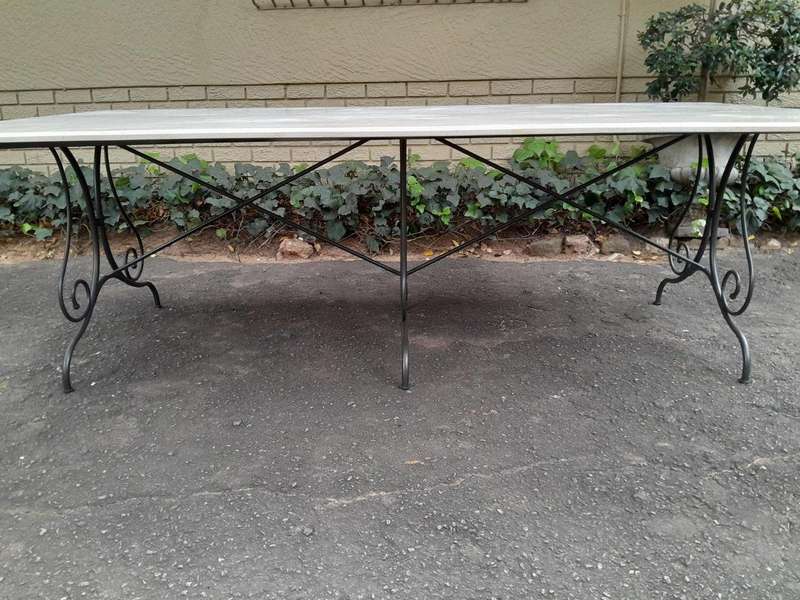 A French Style Custom-Made Wrought Iron Dining Table With Cream Marble Top