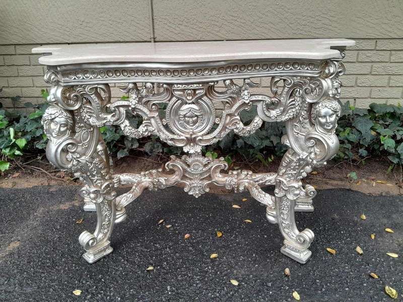 A 20th Century Ornately Carved Gilt Console / Drinks Table With Cream Marble Top
