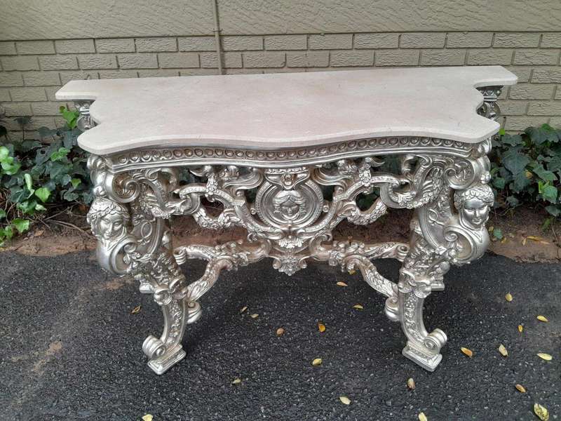 A 20th Century Ornately Carved Gilt Console / Drinks Table With Cream Marble Top