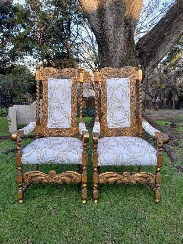 A 20th Century Pair Of Giltwood / Gilded Throne / Arm Chairs