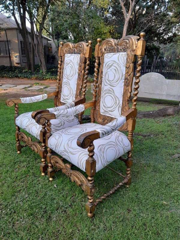A 20th Century Pair Of Giltwood / Gilded Throne / Arm Chairs