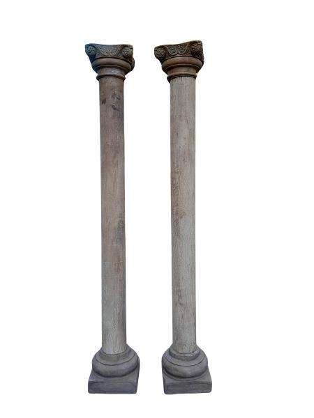 An Antique Pair Of Original Large Teak Wood Pair Of Architectural Wooden Pillars On Carved Stone ...